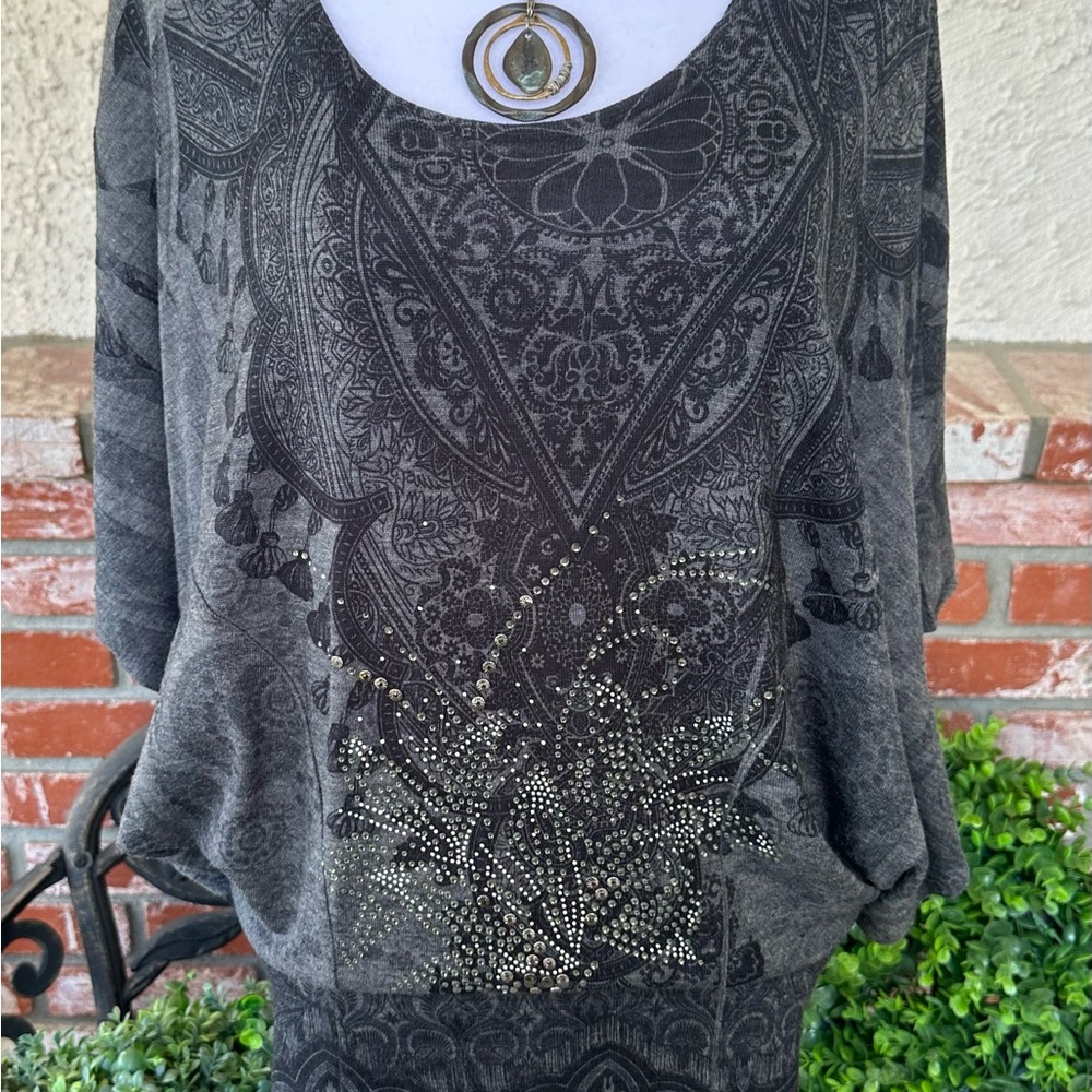 Vintage Emma Rose Tunic Dress; Blck/Gray Print Design W/Rhinestones & Studs; Med